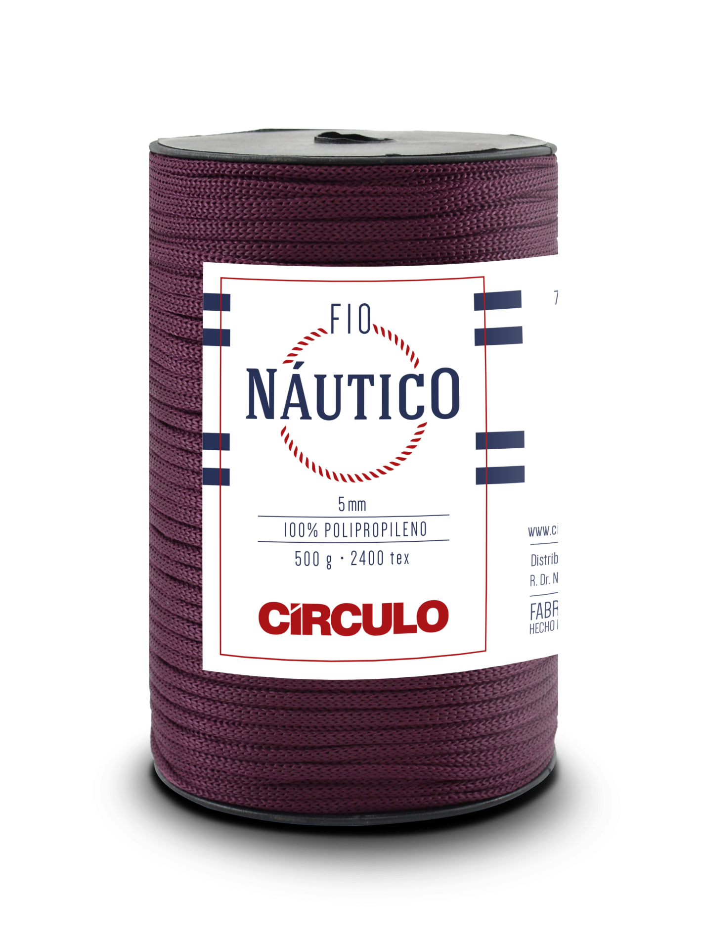 Rolo de fio náutico roxo escuro com etiqueta branca da marca Círculo