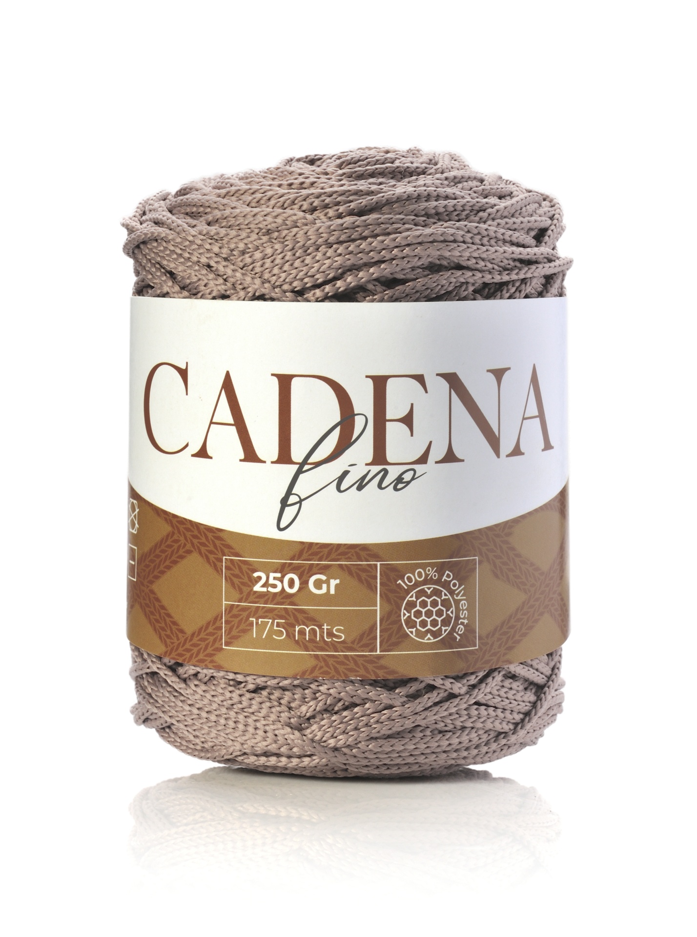 Rolo de fio trançado bege com rótulo branco e castanho