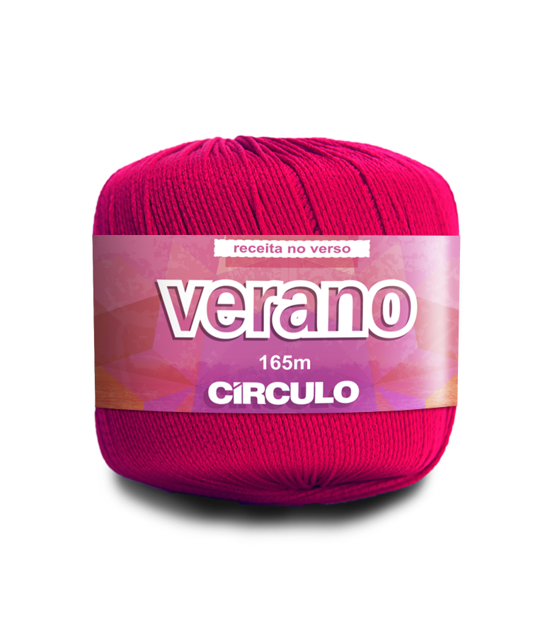 Novelo de fio rosa com etiqueta da marca Círculo e texto Verano