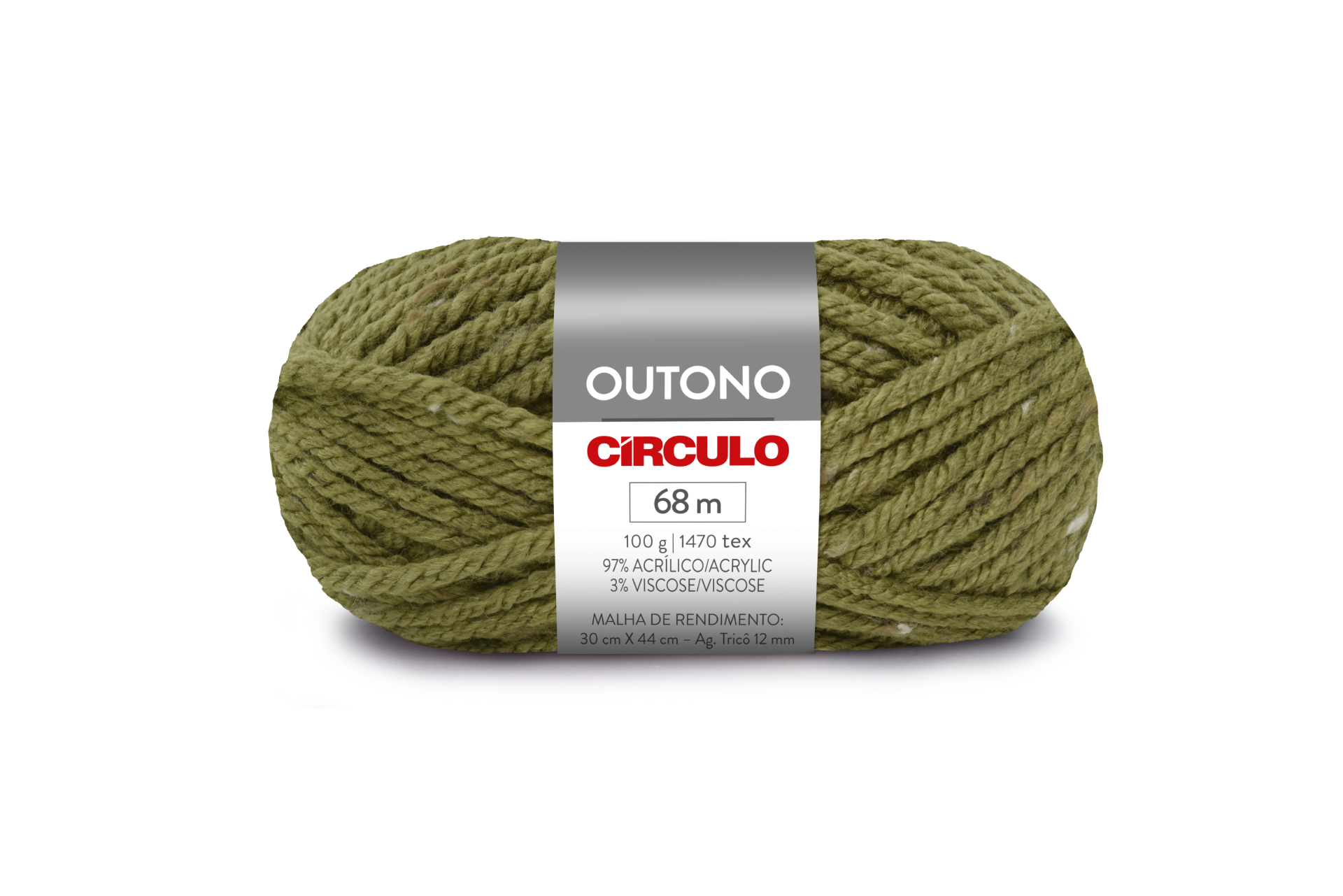 Novelo de fio de lã verde-oliva com etiqueta da marca CÍRCULO