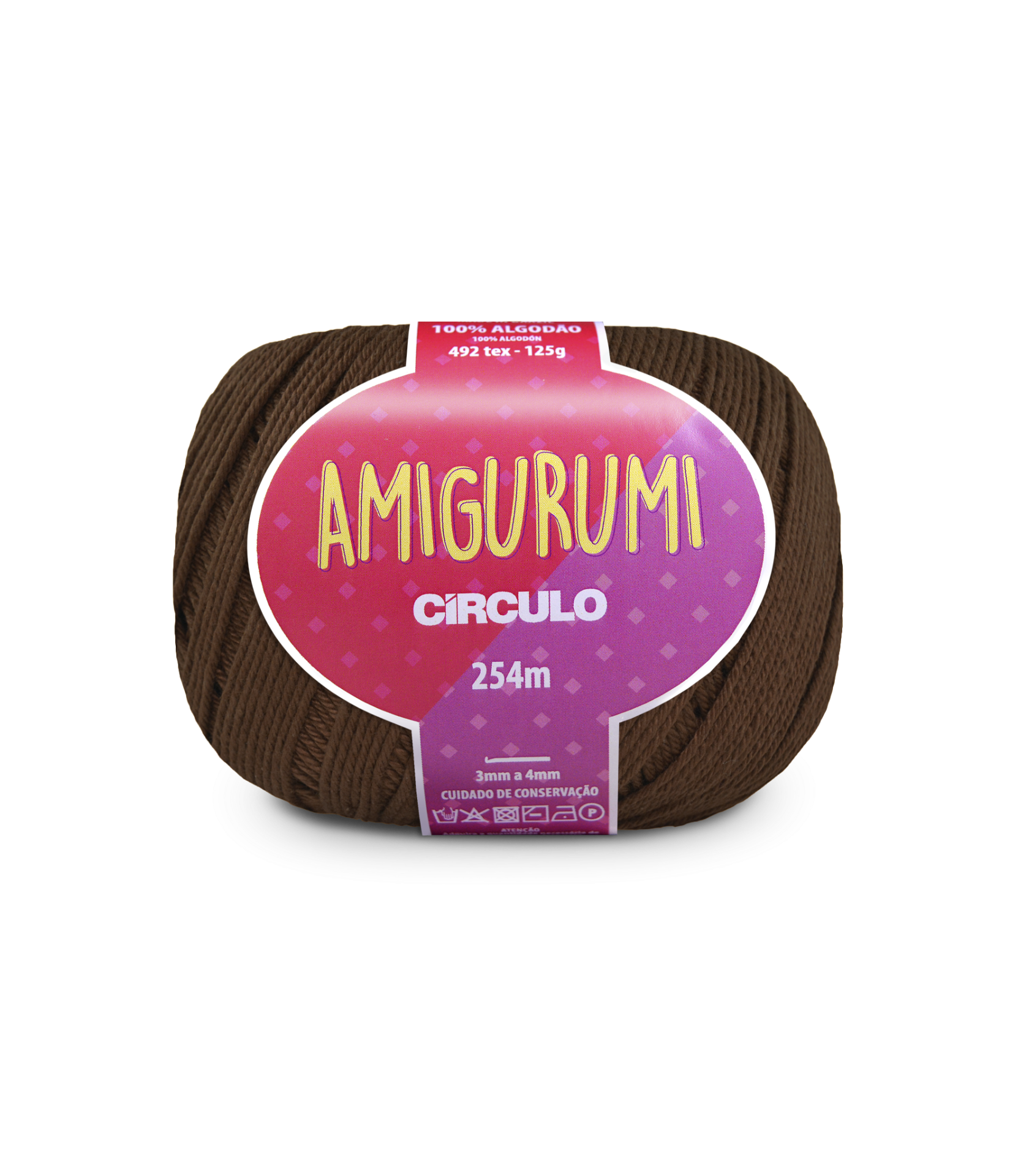 Rolo de fio de algodão castanho para amigurumi com etiqueta colorida