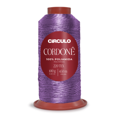 Cone de linha roxa com etiqueta vermelha e base marrom