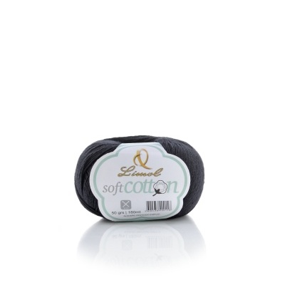 Novelo de fio de algodão macio cinzento escuro com etiqueta branca e texto visível