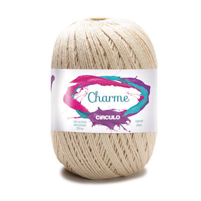 Novelo de fio de algodão cru com embalagem colorida e texto Charme Círculo