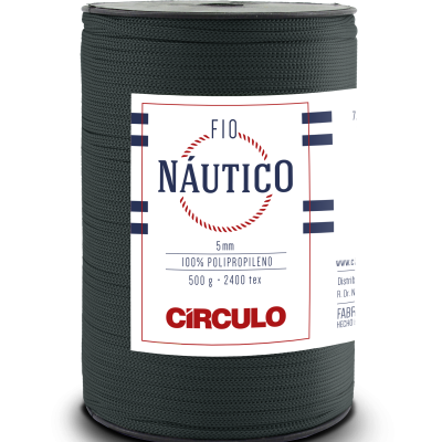 Rolo de fio náutico preto com etiqueta branca e texto em português.