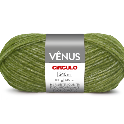 Novelo de lã verde com etiqueta da marca VÊNUS CÍRCULO