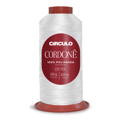 Carretel de linha branca Círculo Cordonê 100% poliamida com rótulo vermelho