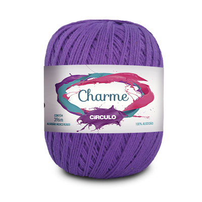 Novelo de fio de algodão roxo com etiqueta branca da marca Charme Círculo