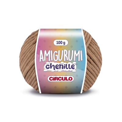 Ovillo de fio chenille castanho claro para amigurumi com etiqueta colorida