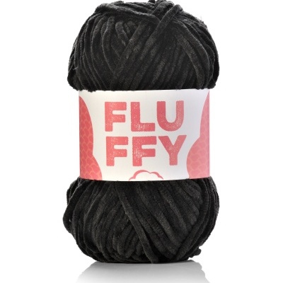 Novelo de fio peludo preto com etiqueta FLUFFY