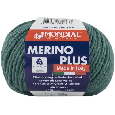 Novelo de lã Merino Plus Mondial verde-azulado com etiqueta colorida