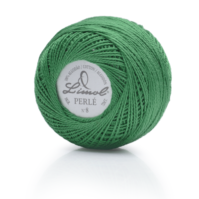 Bobina de linha de algodão verde Limol Perlé Nº 8 com rótulo branco