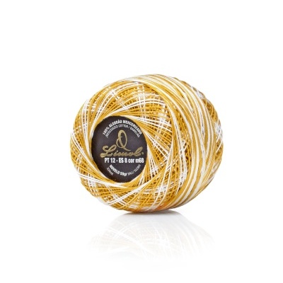 Rolo de linha invisível dourada e branca com etiqueta preta central