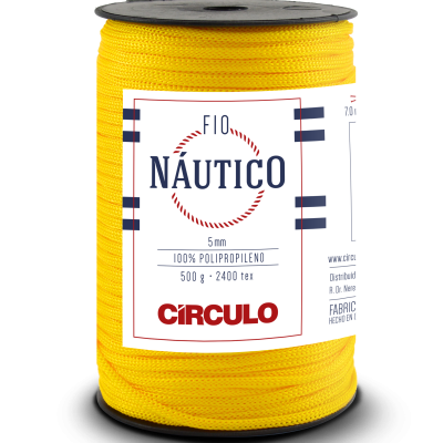 Carretel de fio náutico amarelo de 5 mm em carretel preto com etiqueta branca da marca Círculo.