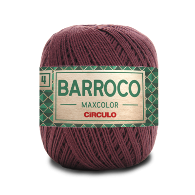 Novelo de linha vermelho vinho com etiqueta verde e bege da marca Círculo