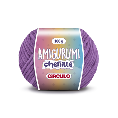Novelo de lã chenille lilás com etiqueta colorida