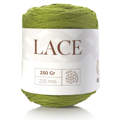 Novelo de fio verde olive com etiqueta indicando 'LACE', 250 gr, 225 mts, 100% poliéster