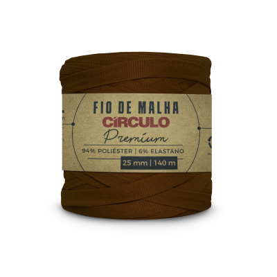 Bobina de fio de malha castanha Círculo Premium com etiqueta de composição e medidas.