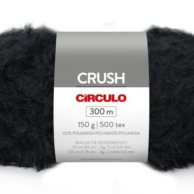 Novelo de fio preto felpudo com etiqueta CRUSH CÍRCULO 300 m 150 g 500 tex 100% poliamida