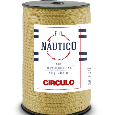 Rolo de fio náutico amarelo bege com etiqueta branca e texto informativo