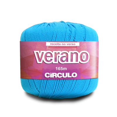Novelo de fio azul claro com embalagem rosa e texto Verano 165m CIRCULO