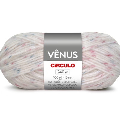 Novelo de fio branco com pontos coloridos e etiqueta cinzenta da marca VÊNUS