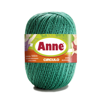 Novelo de fio verde 100% algodão com rótulo da marca Anne
