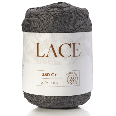 Rolo de fio lace cinzento escuro em embalagem branca com texto