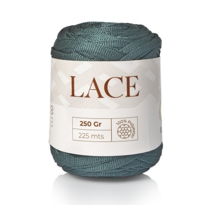 Novelo de fio azul escuro com etiqueta branca e texto 'LACE'