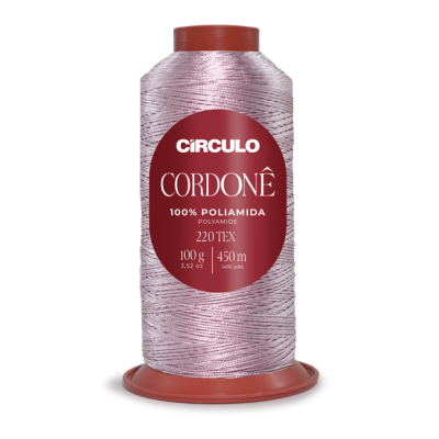 Rolo de linha rosa pálido com etiqueta vermelha indicando 100% poliamida e 450 metros.