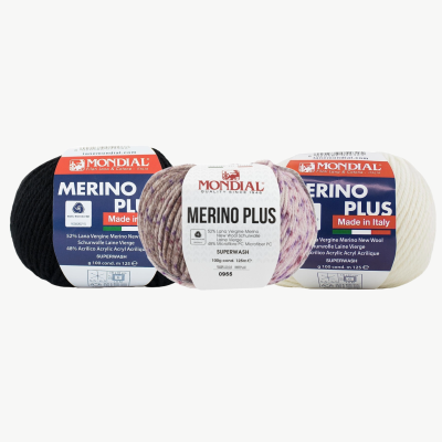Novelos de lã Merino Plus Mondial em preto, mesclado claro e branco com etiquetas informativas