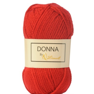 Novelo de lã vermelho com etiqueta branca DONNA