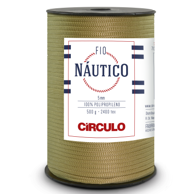 Rolo de fio náutico bege com etiqueta branca e azul