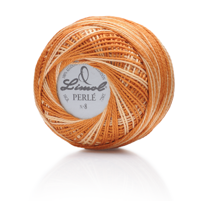 Rolo de linha perlé Linol Nº 8 em tons de laranja e bege com etiqueta circular branca