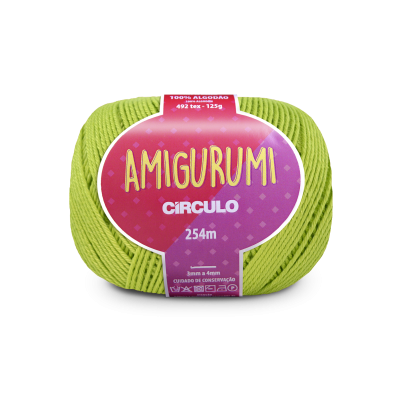 Novelo de fio verde claro com etiqueta roxa-pink AMIGURUMI CÍRCULO