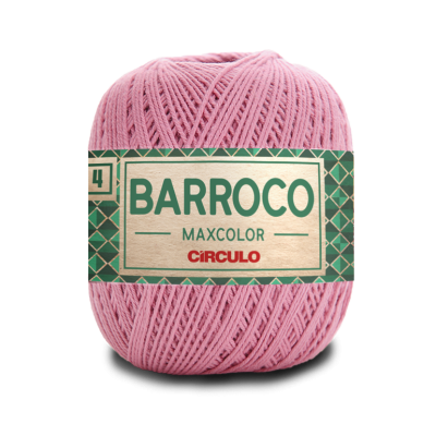 Novelo de fio de algodão rosa com etiqueta da marca BARROCO MAXCOLOR CÍRCULO.