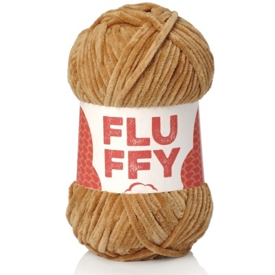 Novelo de lã castanha tipo chenille com etiqueta FLUFFY