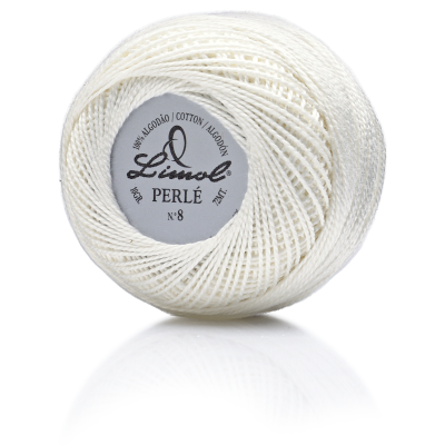 Rolo de linha de algodão branco Limol Perlé N°8 com etiqueta central