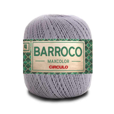 Novelo de fio cinzento claro com rótulo Barroco Maxcolor.