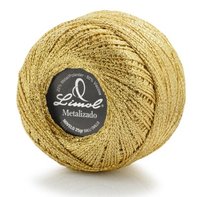 Rolo de linha metalizado dourado com etiqueta preta