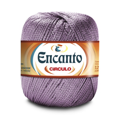 Novelo de fio lilás Encanto Círculo com etiqueta branca e laranja