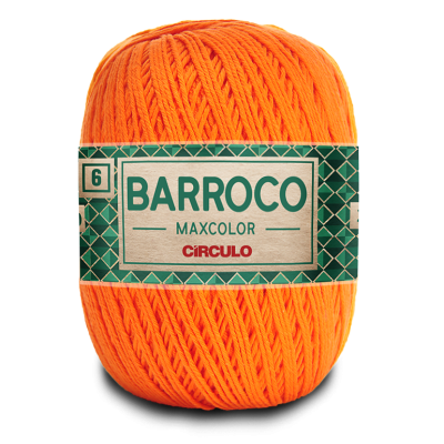 Novelo de fio laranja com etiqueta verde e branca com texto BARROCO MAXCOLOR CÍRCULO.