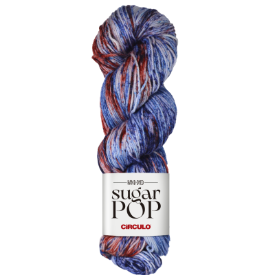Novelo de lã multicolorida azul, roxo, vermelho e branco com etiqueta branca, texto 'SUGAR POP' e 'CÍRCULO'