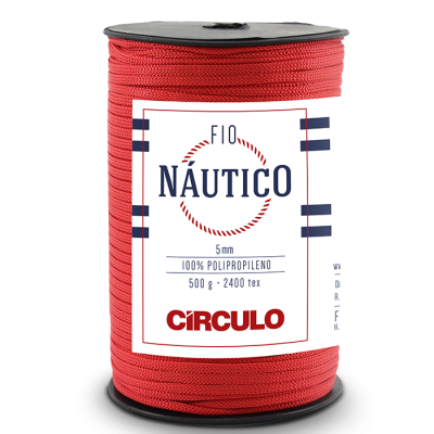 Rolo de fio náutico vermelho com rótulo branco, azul e vermelho.