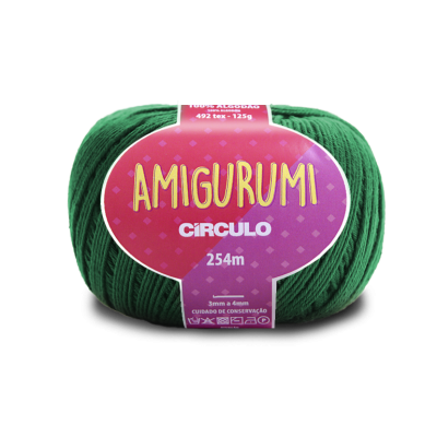 Novelo de fio verde escuro com etiqueta rosa AMIGURUMI CÍRCULO