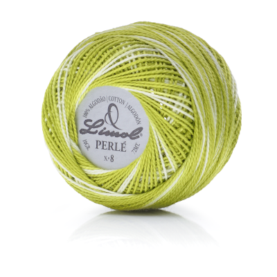 Rolo de linha verde e branco Limol Perlé N.º 8 com etiqueta circular