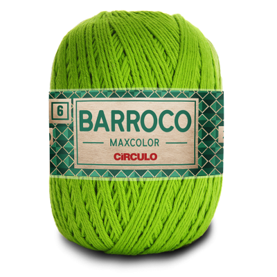 Novelo de fio de cor verde limão com etiqueta 'BARROCO MAXCOLOR CÍRCULO' e número 6