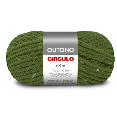 Novelo de lã verde com fios brancos e etiqueta branca