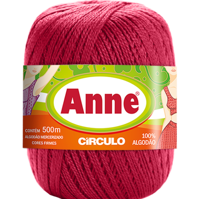 Novelo de fio vermelho com etiqueta Anne Circulo