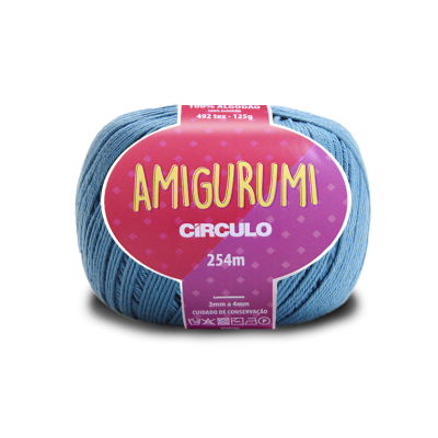 Rolo de fio azul para amigurumi Círculo com etiqueta roxa